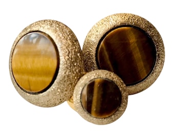 Very Vintage Cuff Links Tie Pin Set, Tigers Eye Round Shape Gold Tone Florentine Finish, Retro Mens Formalwear Jewelry Gift, Original Box