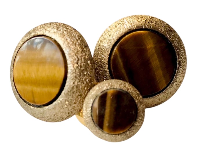 Very Vintage Cuff Links Tie Pin Set, Tigers Eye Round Shape Gold Tone Florentine Finish, Retro Mens Formalwear Jewelry Gift, Original Box