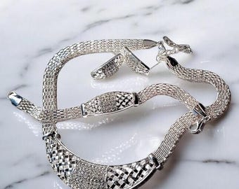 Pavé Rhinestone Silver-tone Necklace, Bracelet, Earrings Set, New Never Worn, Rich Chain Pattern Classic Modern Design, Work to Formal