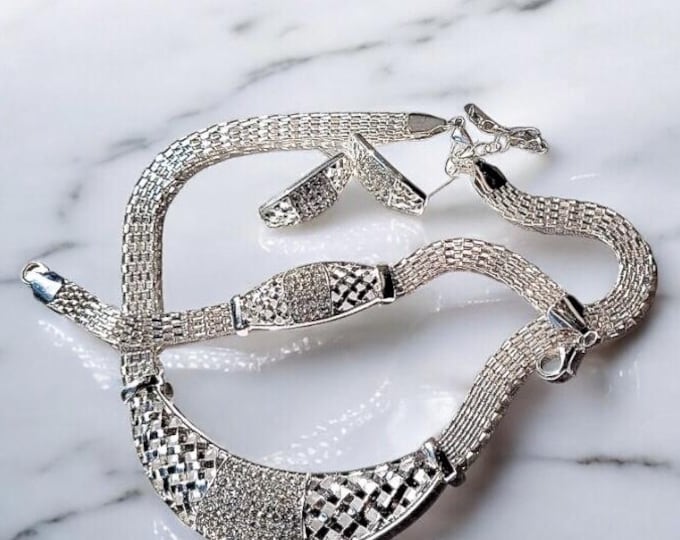 Pavé Rhinestone Silver-tone Necklace, Bracelet, Earrings Set, New Never Worn, Rich Chain Pattern Classic Modern Design, Work to Formal