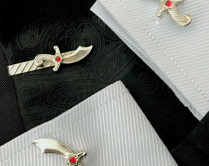 Swords Tie Clip Cuff Link Set, Persian Scimitar Design in Silvertone with Red Accent