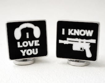 Signature Star Wars Cufflinks, Silver-tone Black Square Cuff Links, I Love You I Know Quote, In Original Box, Fun Romantic Gift