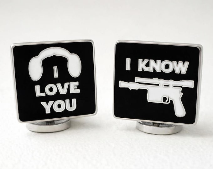Signature Star Wars Cufflinks, Silver-tone Black Square Cuff Links, I Love You I Know Quote, In Original Box, Fun Romantic Gift