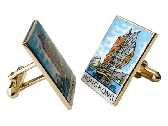 Vintage Hong Kong Souvenir Cuff Links, Retro Enam… - image 3