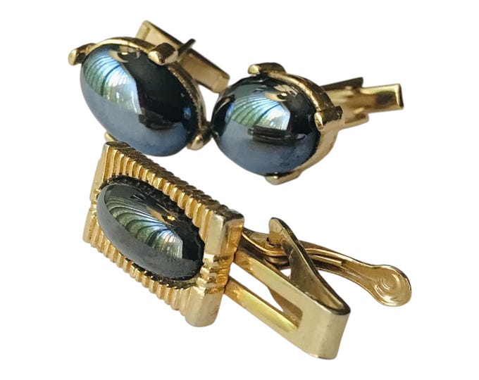 Reflective Cabochon Vintage Cufflink Tie Clip Set, Gold Tone Mid Century With Hematite, Dapper Groom Formalwear, Thoughtful Retro Mens Gift
