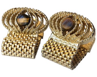 Eclectic Vintage Cufflinks, Vintage Gold-tone Tigers Eye Natural Stone Wrap Cuff Links, Mid Century Groomsmen Gift, Formal Event Cufflinks