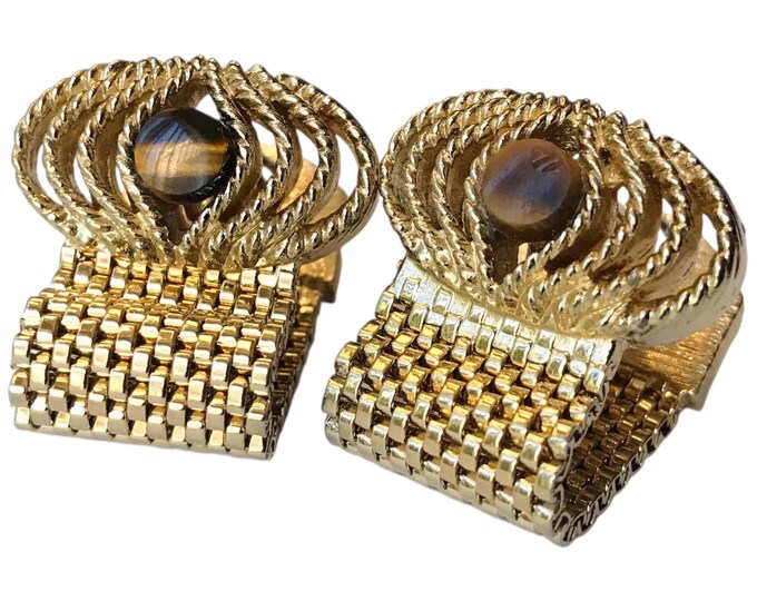 Eclectic Vintage Cufflinks, Vintage Gold-tone Tigers Eye Natural Stone Wrap Cuff Links, Mid Century Groomsmen Gift, Formal Event Cufflinks