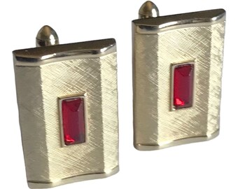 Vintage Rectangular Gold-tone Cufflinks, Red Glass Accent Stone, Made by Swank, Retro Cuff Links, Mid Century Modern Jewelry Cufflinks