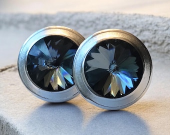 SAIL ATLANTIC Vintage Cufflinks, Silver-tone Round Cuff Links, Ocean Blue Radiant Rivoli Stone MidCentury Jewelry, Groom Gift