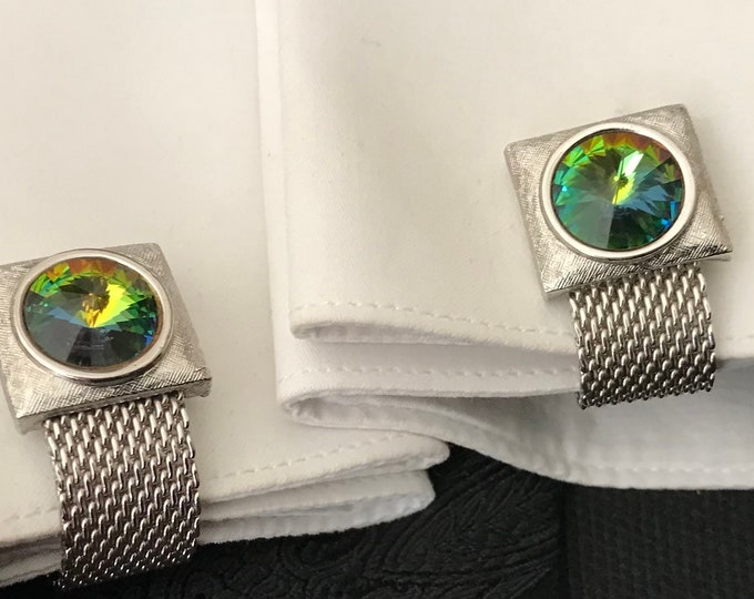 Vintage Rainbow Color Rivoli Stone Silvertone Wrap Cufflinks, Snap Closure, Glam Wedding Groom Wear, Classic Style, Square Face, Retro Gift