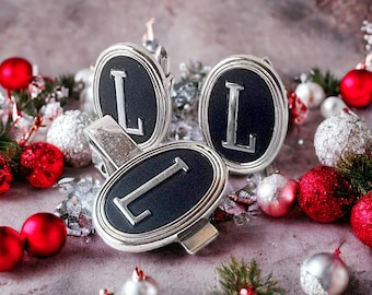 Monogram L Swank Cuff Links Tie Clip Set, Vintage Mid Century, Matte Black Silver-Tone
