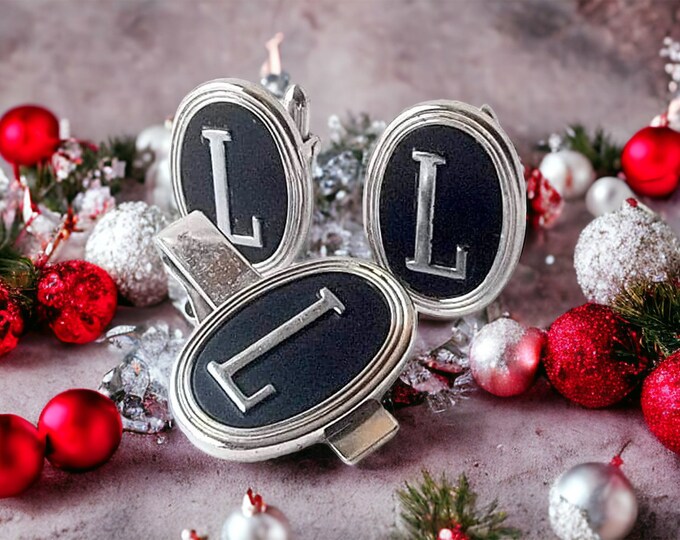 Monogram L Swank Cuff Links Tie Clip Set, Vintage Mid Century, Matte Black Silver-Tone