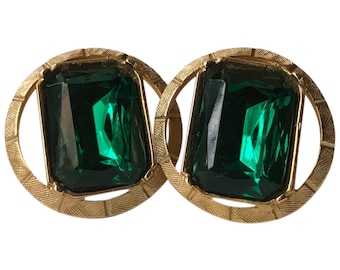 Classic Mid Century Cufflinks, Emerald Cut Emerald Green Faux Emerald set in Gold Tone Alloy, Glam Wedding Groom Retro Formalwear Cuff Links