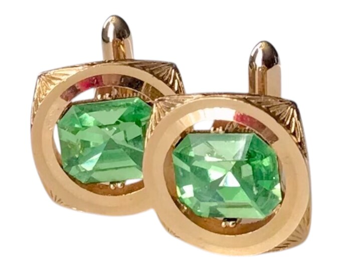 Vintage Gold Tone Summer Green Crystal Cuff Links, Mid Century Formal Cufflinks, 1960s Retro Fashion Tuxedo Accessory, Groom Formalwear Gift