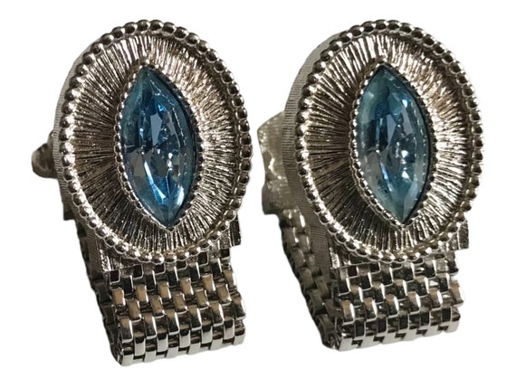 Vintage Cufflinks, Artic Blue Glass Cat Eye Stone… - image 3