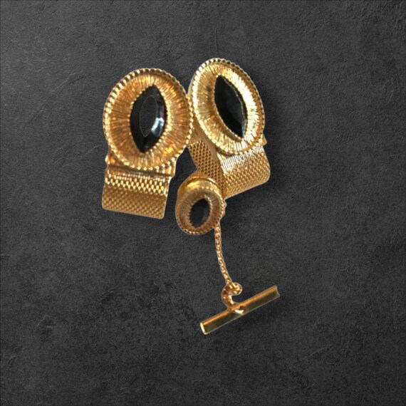Vintage Goldtone Cufflink Tie Pin Set: Black Glas… - image 8
