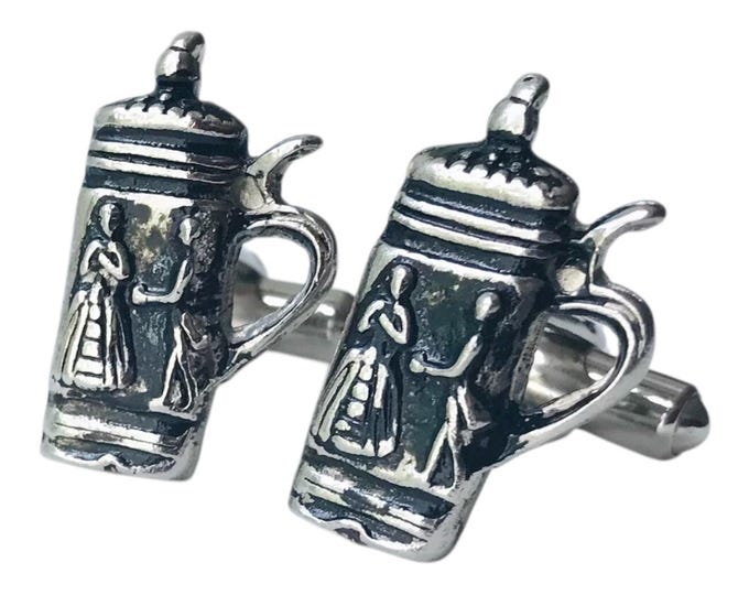 Vintage Cufflinks, Silver-tone Beer Stein Mug Cuff Links, Raised Design Two People in Traditional European Garb, Black Matte Enamel Shading