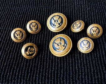 Eagle Crown Laurels Crest Design Button Set, Vintage Gold Tone and Navy Enamel, 2 Large Blazer Front Round Buttons, 6 Small Sleeve Buttons