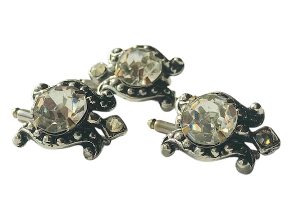 Vintage Tuxedo Shirt Studs Rhinestone Turtles Set of Three, Silver-tone Detailed Casing, Sliding Pin, Retro Mid Century Formal Fashion