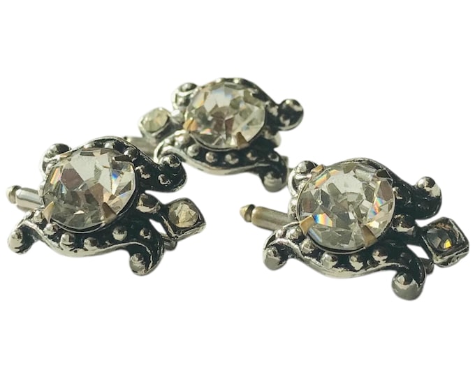 Vintage Tuxedo Shirt Studs Rhinestone Turtles Set of Three, Silver-tone Detailed Casing, Sliding Pin, Retro Mid Century Formal Fashion