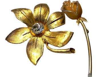 Two Delightful Vintage Metal Floral Brooch Pins, Mid Century Flowers One Long Stem Enamel Rose, One Bright Gold-tone Flower Rhinestone Core