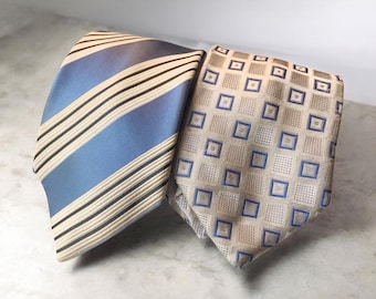 Pre-owned Donald J Trump Handsome Fine Silk Neckties, A Blue Beige White Striped and A Geometric Print Tie, Fine Luxury Essential Menswear