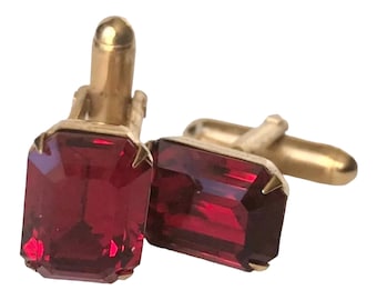 Mens Gift Vintage Red Rhinestone Cufflinks:Gold-tone, Mixed Metal Setting, Mid Century Jewelry
