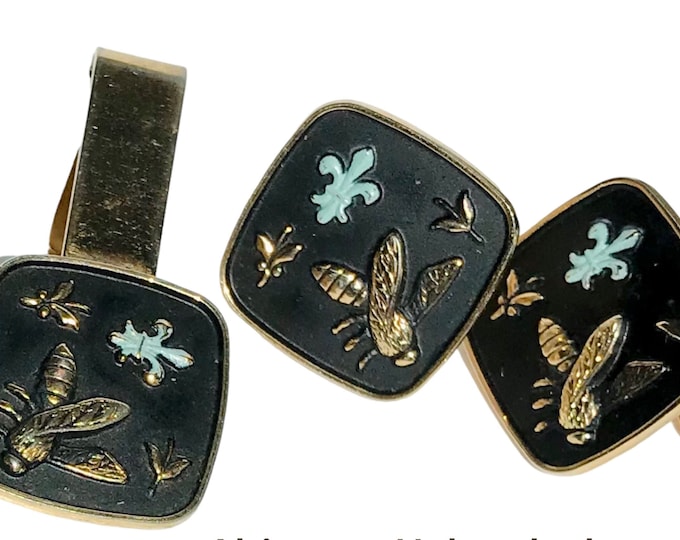 Vintage Cufflink and Tie Clip Set, Black Matte Enamel on Gold-tone, French Coat of Arms, Bee Fleur de Lys Motif, Superb Mid Century Modern