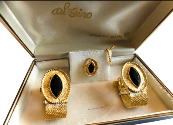 Vintage Goldtone Cufflink Tie Pin Set: Black Glas… - image 6