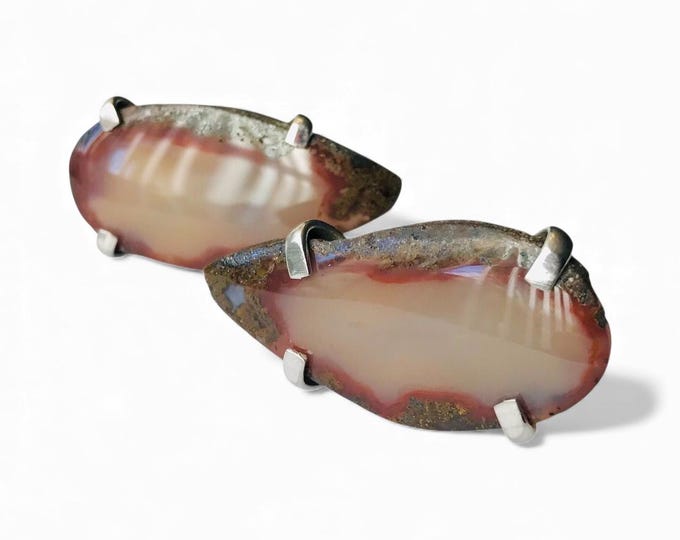 Vintage Cufflinks Natural Stone: Natural Stone Geo Rock Vintage Cufflinks, SilverTone Prong Setting, Large Scale Cufflinks, Retro Gift