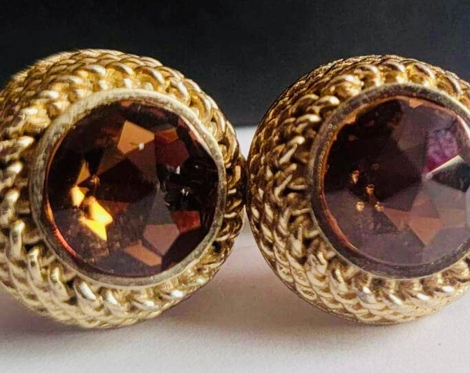 Dark Caramel Translucent Vintage Cufflinks, Round Goldtone Braided Edge, Classic VIP Mid Century Jewelry Design, Mens Gift, Retro Formalwear