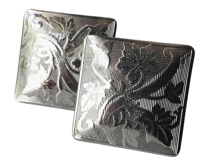 Silvertone Square Cufflinks Vintage Damask Pattern Classic Design