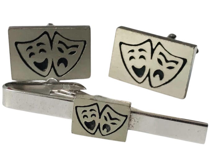 Vintage Silvertone Engraved Image of Comedy Tragedy Mask Tie Clip Cufflinks Set, Mid Century Modern, Actor Thespian Retro Fashion Present