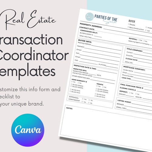 Checklist for Real Estate Transaction Coordinator Template Etsy