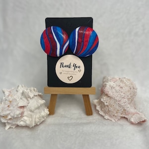 Bold Stylish Statement Fabric Covered Large Stud Earrings, Red White and Blue Swirl