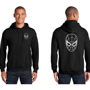 May include: Black hooded sweatshirt with a white Spider-Man mask design on the back and a smaller version of the design on the front left chest.