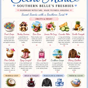 May include: A decorative scent menu with a blue ribbon and bell, featuring various fragrance descriptions. The menu includes fruity, sweet, warm, cozy, bold, unique, masculine, strong, fresh, and clean scent categories.