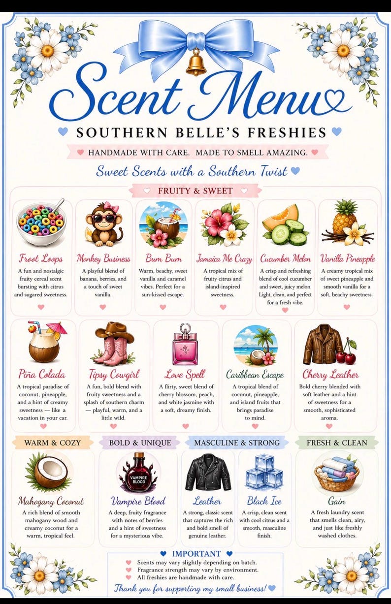 May include: A decorative scent menu with a blue ribbon and bell, featuring various fragrance descriptions. The menu includes fruity, sweet, warm, cozy, bold, unique, masculine, strong, fresh, and clean scent categories.