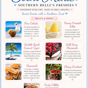 May include: A decorative sign with a blue bow and bell, listing various fruity and sweet scents. The menu includes scents like Pina Colada, Dreamy Pineapple Whip, and Wild Berry Cheesecake. The sign is adorned with floral accents.