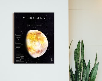 May include: A black and white poster with the text "MERCURY THE SWIFT PLANET" and a watercolor illustration of the planet Mercury against a black starry background. The poster also includes text with facts about the planet, such as its diameter, orbital period, and surface gravity. The poster is numbered "01 08".