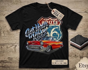 Route 66 Car Shirt, 1957 Chevy Apparel, Hot Rod Graphic Tee, Garage Wear For Men, Retro Automotive Heavyweight T-Shirt  Comfort Colors