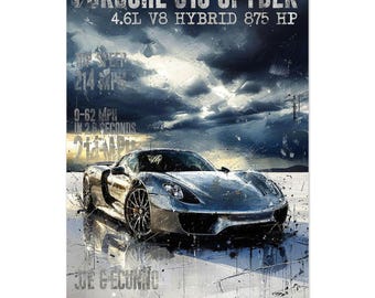 Porsche 918 Spyder aluminum print, glossy metal wall art, automotive decor metal photo print, garage decor man cave decor