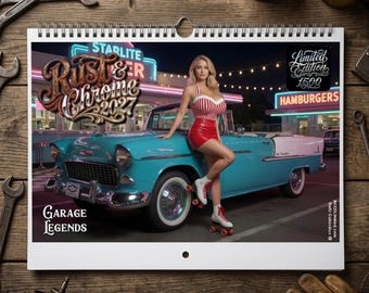 Classic Car Calendar 2027, Vintage Car Wall Art, Man garage Decor, Dad Garage Gift For Men, Rat Rod Mechanic Gift for Him Car Lover planner