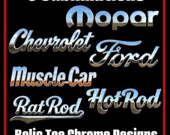 3D Chrome Text PNG Sublimation Pack, Chevrolet Ford Mopar Hot Rod Clipart, Vintage Muscle Car Waterslide Decal Commercial Use PNG