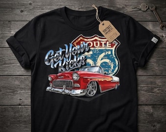 Route 66 Car Shirt, 1955 Chevy Apparel, Hot Rod Graphic Tee, Garage Wear For Men, Retro Automotive Heavyweight T-Shirt | Comfort Colors