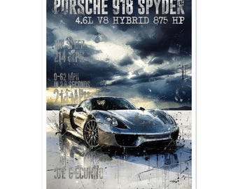Porsche 918 Spyder print wall art, automotive decor print, garage decor man cave decor Fine art poster 24x36, large print unframed.