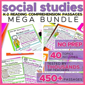 K-2 Reading Practice 1st 2nd Grade | Social Studies Mega Bundle Passages & Questions | Homeschool, Classroom | No-Prep Printable History