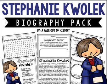 May include: Black and white printable biography pack for kids about Stephanie Kwolek, the inventor of Kevlar. The pack includes a word search, a design activity, and a biography page with a quote.