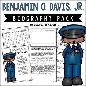 Può includere: Un pacchetto di biografia stampabile per bambini su Benjamin O. Davis Jr., un famoso generale dell'aeronautica americana di origine africana. Il pacchetto include una ricerca di parole, una biografia da completare e un'attività di disegno. Il pacchetto presenta un'illustrazione di cartoni animati di Benjamin O. Davis Jr. in uniforme dell'aeronautica.