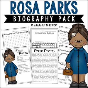 May include: Black and white printable activity pack for kids about Rosa Parks, an American civil rights activist. The pack includes a word search, a biography, and a coloring page of a bus.